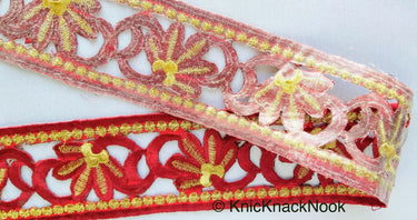 Green / Red / Beige And Gold Floral Embroidery Trim, Floral Trim, Cut Work One Yard Lace Trim